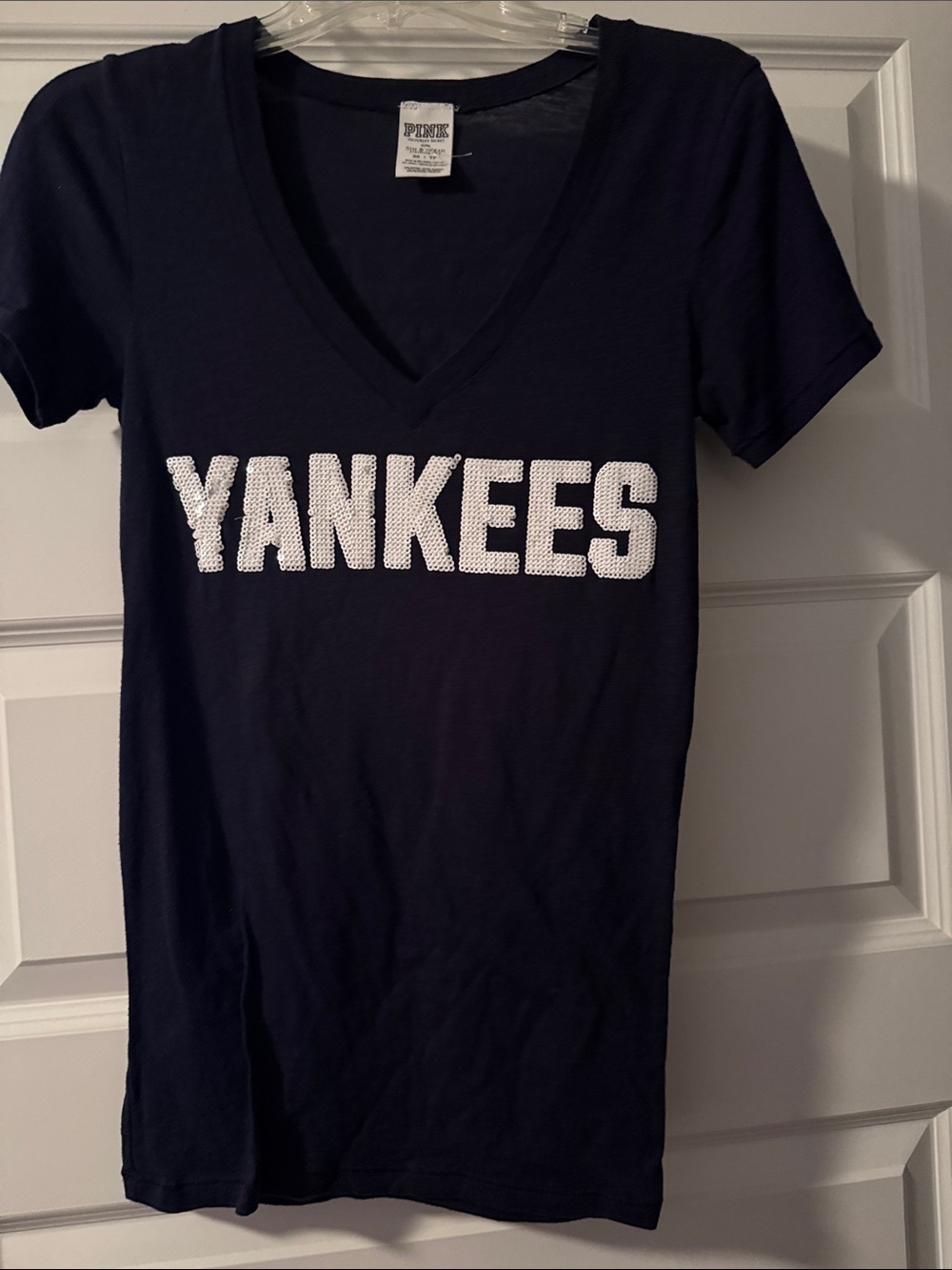 PINK Victoria's Secret Navy V-Neck 'YANKEES' Sequin Tee